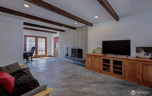 1609 Russell St, Wenatchee, WA 98801 - living room featuring beamed ceiling and a brick fireplace
