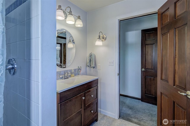 1609 Russell St, Wenatchee, WA 98801 - full bathroom with vanity, a tile shower, and tile patterned floors