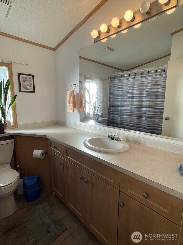 1200 Lincoln St Unit 117, Bellingham, WA 98229 - full bath with ornamental molding, vanity, a textured ceiling, a shower with shower curtain, and vaulted ceiling