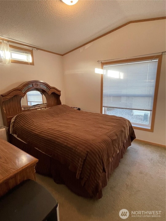 1200 Lincoln St Unit 117, Bellingham, WA 98229 - carpeted bedroom featuring ornamental molding, lofted ceiling, and a textured ceiling