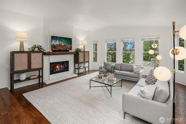 8475 SE 45th St, Mercer Island, WA 98040 - living area featuring a brick fireplace, lofted ceiling, and dark wood-style floors