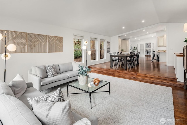 8475 SE 45th St, Mercer Island, WA 98040 - living room with vaulted ceiling, dark wood-style floors, and recessed lighting