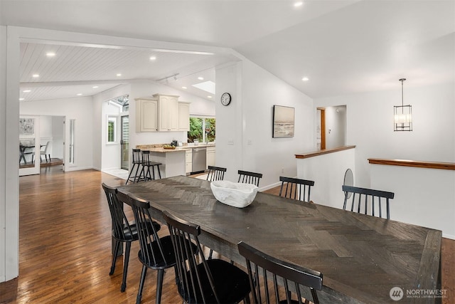 8475 SE 45th St, Mercer Island, WA 98040 - dining space with wood finished floors, vaulted ceiling, recessed lighting, and a chandelier