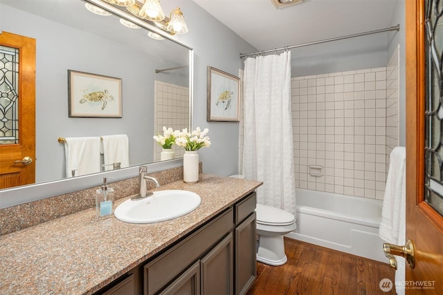 8475 SE 45th St, Mercer Island, WA 98040 - bathroom with wood finished floors, vanity, and shower / bathtub combination with curtain