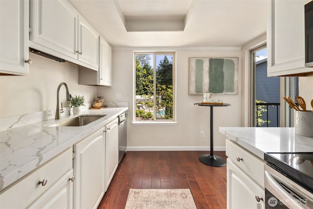 4635 W Lake Sammamish Pkwy SE Unit G206, Issaquah, WA 98027 - kitchen with dark wood-type flooring, white cabinets, a raised ceiling, and dishwasher