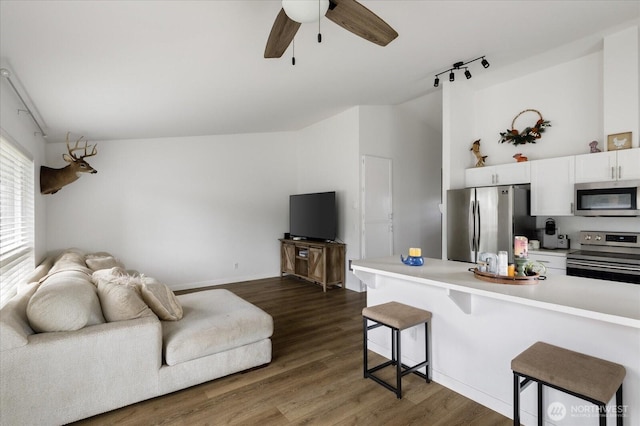 1664 Allyson St, Oak Harbor, WA 98277 - living area with a ceiling fan, dark wood-type flooring, and rail lighting