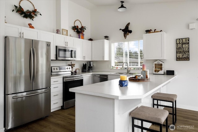 1664 Allyson St, Oak Harbor, WA 98277 - kitchen featuring appliances with stainless steel finishes, a peninsula, a breakfast bar area, white cabinets, and light countertops