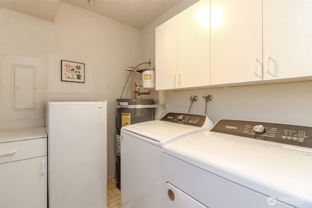 28313 Redondo Way S Unit 304, Des Moines, WA 98198 - laundry room with cabinet space, washing machine and dryer, electric water heater, and electric panel