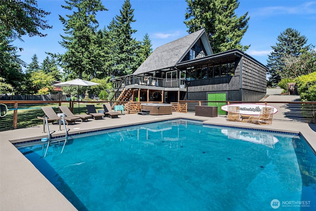 1432 Weathervane Dr, Fircrest, WA 98466 - view of swimming pool featuring a hot tub, stairs, a wooden deck, and a patio area