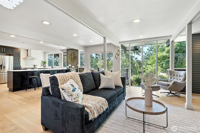 1432 Weathervane Dr, Fircrest, WA 98466 - living room with light wood-style floors, beamed ceiling, recessed lighting, and floor to ceiling windows