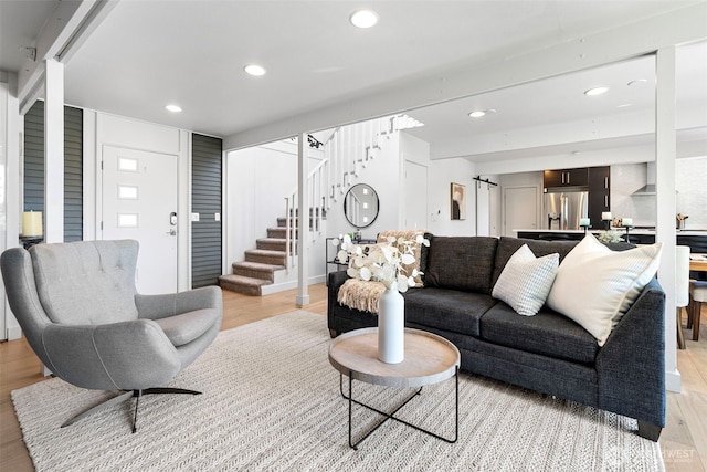 1432 Weathervane Dr, Fircrest, WA 98466 - living room featuring stairway, light wood finished floors, and recessed lighting