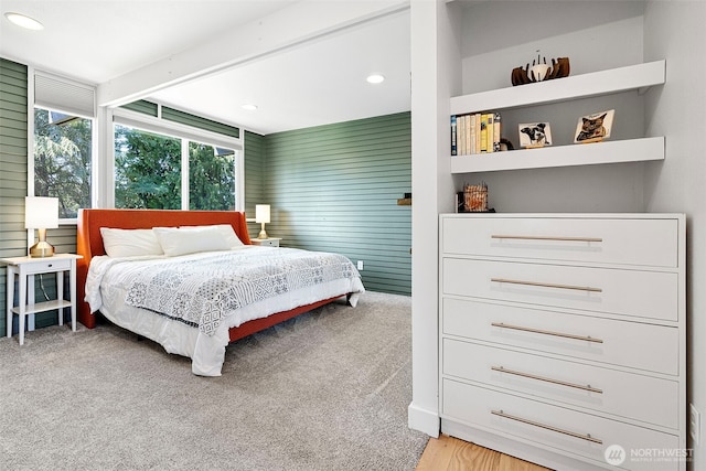 1432 Weathervane Dr, Fircrest, WA 98466 - carpeted bedroom featuring recessed lighting and wooden walls