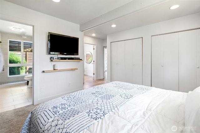 1432 Weathervane Dr, Fircrest, WA 98466 - bedroom with multiple closets, recessed lighting, connected bathroom, and carpet