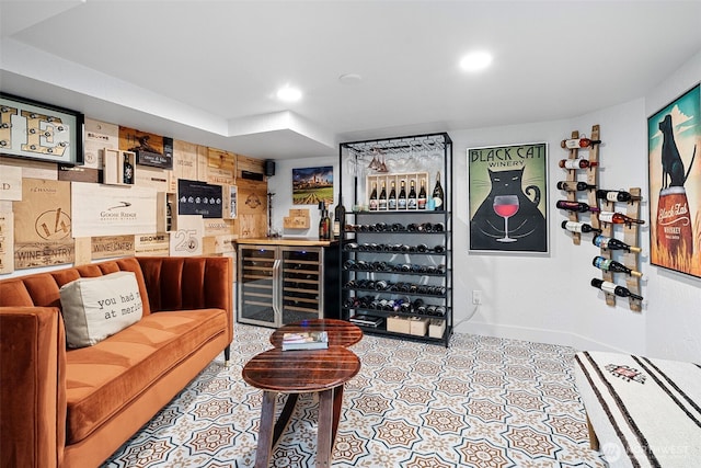 1432 Weathervane Dr, Fircrest, WA 98466 - indoor dry bar with wine cooler, tile patterned floors, and recessed lighting