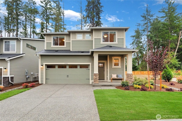 13701 60th Ave E, Edmonds, WA 98026 - prairie-style home featuring a garage, concrete driveway, board and batten siding, and stone siding