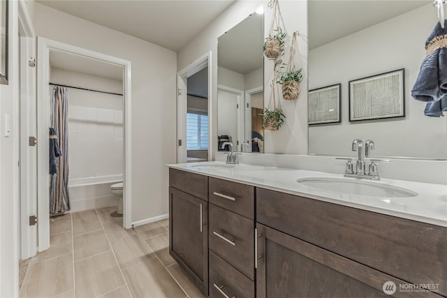 13701 60th Ave E, Edmonds, WA 98026 - bathroom featuring double vanity, shower / tub combo with curtain, and tile patterned flooring