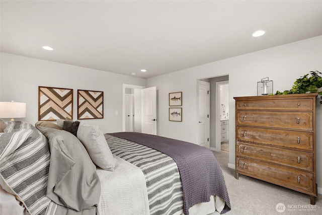 12433 SE 256th Pl Unit 4, Kent, WA 98030 - bedroom featuring light colored carpet, recessed lighting, and connected bathroom