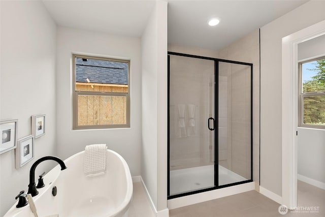 12433 SE 256th Pl Unit 4, Kent, WA 98030 - full bath featuring a stall shower, a soaking tub, tile patterned floors, and recessed lighting