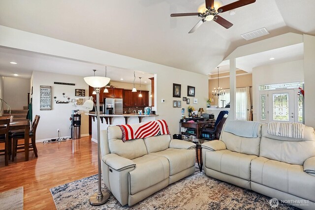 505 Woodland Rd, Goldendale, WA 98620 - living area featuring ceiling fan, light wood-style floors, vaulted ceiling, recessed lighting, and a chandelier