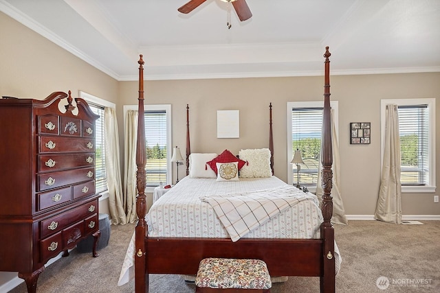505 Woodland Rd, Goldendale, WA 98620 - carpeted bedroom featuring ornamental molding, a raised ceiling, and a ceiling fan