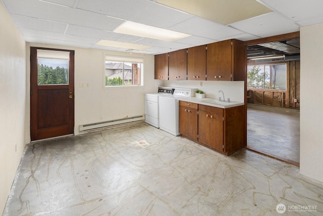 5621 SW Manning St, Seattle, WA 98116 - laundry room with a baseboard heating unit, independent washer and dryer, cabinet space, and healthy amount of natural light