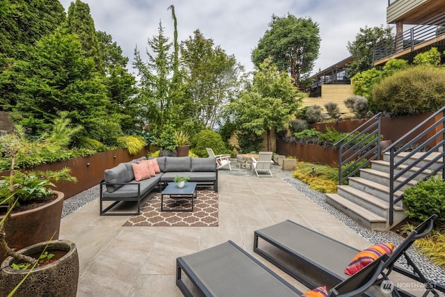 5621 SW Manning St, Seattle, WA 98116 - view of patio / terrace featuring outdoor lounge area and stairs
