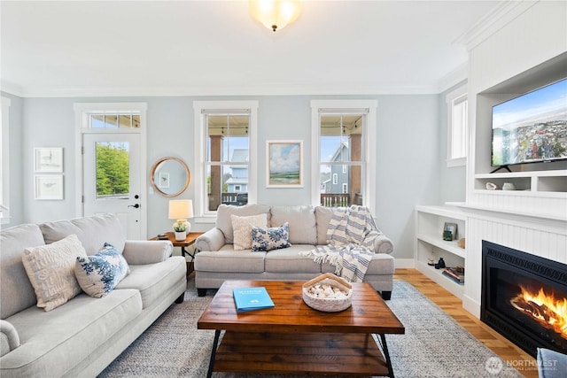 26 Lavender Ln, Pacific Beach, WA 98571 - living area with ornamental molding, plenty of natural light, a fireplace with flush hearth, light wood finished floors, and built in features