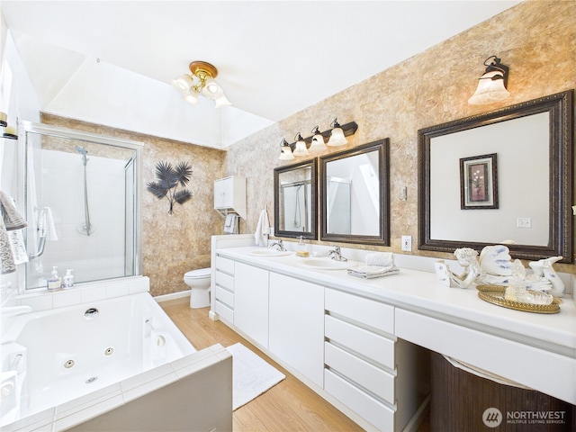 1006 E Harrison St, Tacoma, WA 98404 - full bathroom with a whirlpool tub, double vanity, wood finished floors, and an enclosed shower