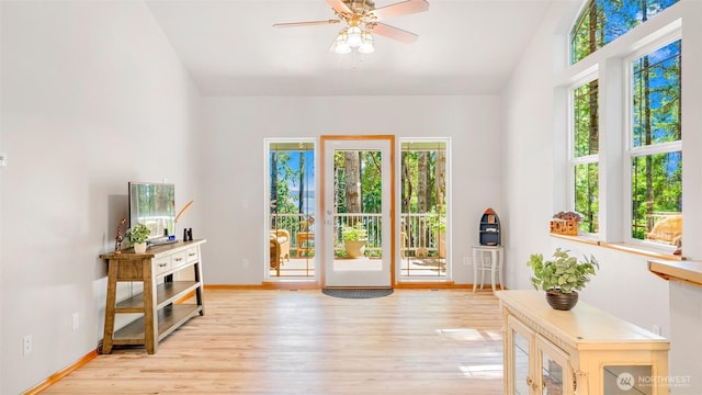 250 E Crest Ln, Grapeview, WA 98546 - doorway featuring light wood-style floors, a ceiling fan, and vaulted ceiling