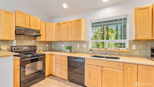 250 E Crest Ln, Grapeview, WA 98546 - kitchen with black appliances, under cabinet range hood, light brown cabinetry, lofted ceiling, and recessed lighting