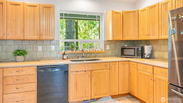 250 E Crest Ln, Grapeview, WA 98546 - kitchen featuring dishwasher, freestanding refrigerator, light countertops, and tasteful backsplash