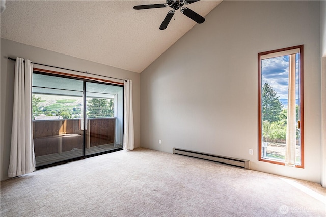 228 E Gibson Ave, Chelan, WA 98816 - unfurnished room featuring a baseboard radiator, carpet floors, a ceiling fan, high vaulted ceiling, and a textured ceiling
