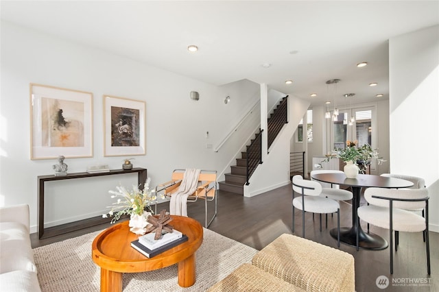 410A 10th Ave E, Seattle, WA 98102 - living area featuring dark wood-type flooring, stairway, and recessed lighting