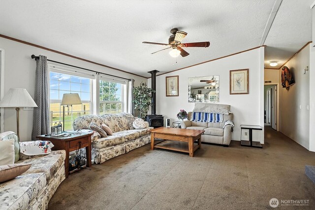 55 Mott Rd, Lyle, WA 98635 - living room featuring ceiling fan, a wood stove, ornamental molding, carpet, and a textured ceiling