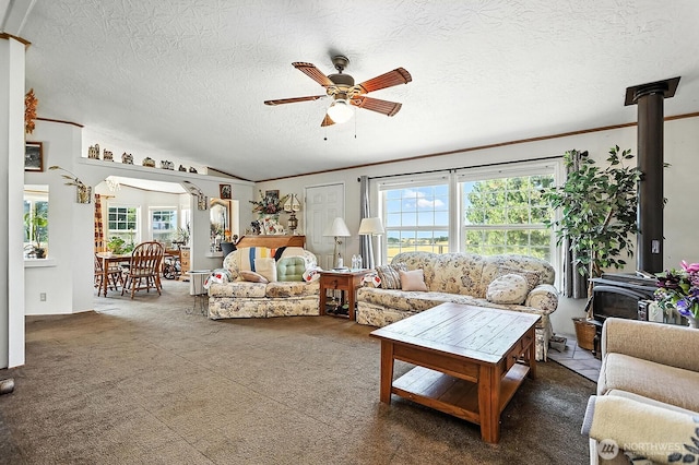 55 Mott Rd, Lyle, WA 98635 - carpeted living room with a wood stove, ceiling fan, healthy amount of natural light, a textured ceiling, and vaulted ceiling