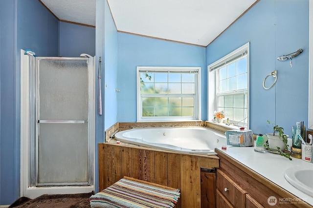 55 Mott Rd, Lyle, WA 98635 - full bathroom featuring a shower stall, lofted ceiling, a bath, vanity, and ornamental molding