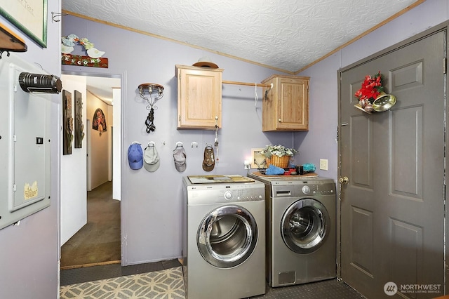 55 Mott Rd, Lyle, WA 98635 - laundry area with crown molding, independent washer and dryer, cabinet space, and carpet
