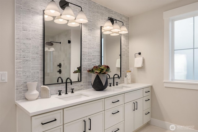 10505 NE 112th St, Kirkland, WA 98033 - full bathroom featuring tasteful backsplash, double vanity, and a tile shower