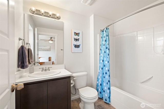 3312 156th St SW Unit E4, Lynnwood, WA 98087 - bathroom with vanity, shower / bathtub combination with curtain, and a ceiling fan