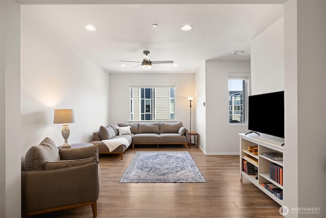 3312 156th St SW Unit E4, Lynnwood, WA 98087 - living room featuring ceiling fan, wood finished floors, and recessed lighting