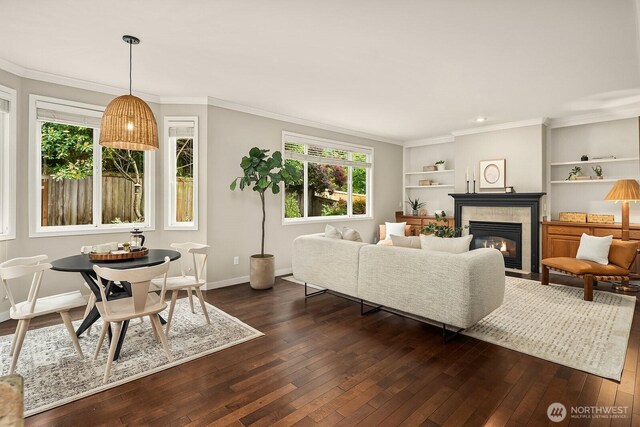 3606 Monterey Ct NE, Renton, WA 98056 - living room featuring dark wood-style floors, healthy amount of natural light, crown molding, and recessed lighting