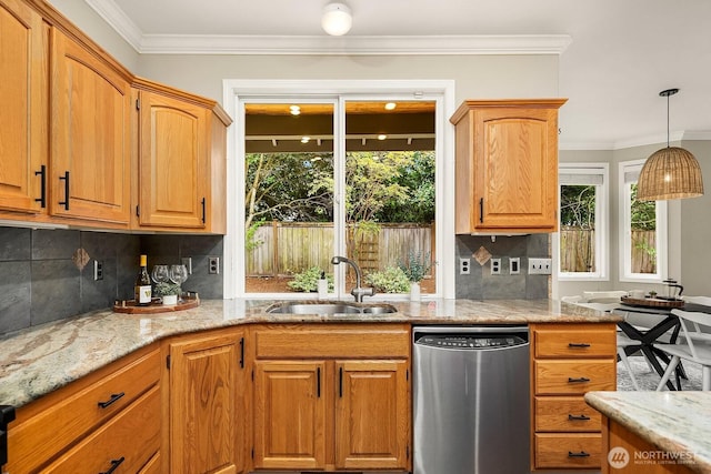 3606 Monterey Ct NE, Renton, WA 98056 - kitchen featuring stainless steel dishwasher, crown molding, decorative backsplash, light stone countertops, and decorative light fixtures