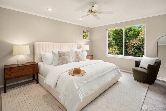3606 Monterey Ct NE, Renton, WA 98056 - bedroom featuring ornamental molding, recessed lighting, and a ceiling fan