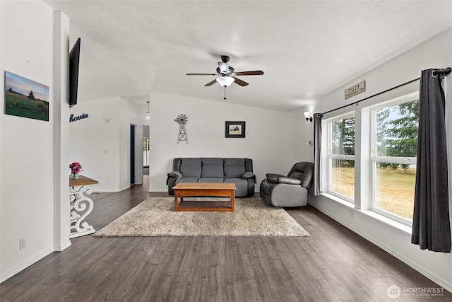 8222 Bordeaux Rd SW, Olympia, WA 98512 - living area featuring ceiling fan, dark wood finished floors, and lofted ceiling