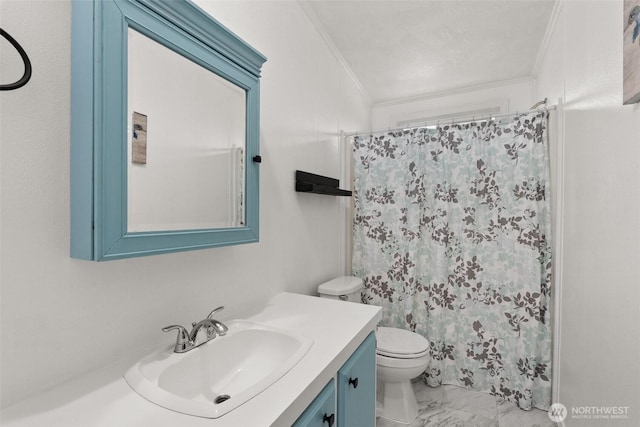 8222 Bordeaux Rd SW, Olympia, WA 98512 - full bathroom featuring vanity, crown molding, marble look tile flooring, and curtained shower