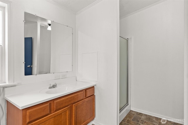 8222 Bordeaux Rd SW, Olympia, WA 98512 - full bathroom with ornamental molding, a shower stall, vanity, and stone finish floors