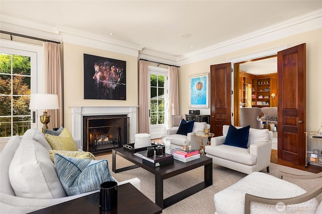 2001 Broadmoor Dr E, Seattle, WA 98112 - living area with crown molding, a glass covered fireplace, and wood finished floors