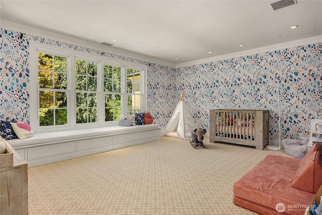 2001 Broadmoor Dr E, Seattle, WA 98112 - carpeted bedroom with wallpapered walls and ornamental molding