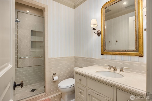 2001 Broadmoor Dr E, Seattle, WA 98112 - full bath featuring vanity, a stall shower, ornamental molding, a wainscoted wall, and wallpapered walls