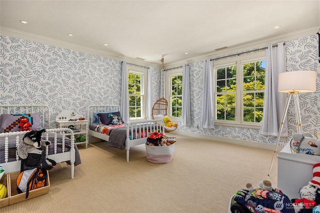 2001 Broadmoor Dr E, Seattle, WA 98112 - carpeted bedroom featuring wallpapered walls, ornamental molding, multiple windows, and recessed lighting